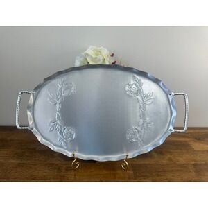 Vintage Aluminum Rose Serving Tray Large Oval Handled Floral Platter Silver Tone